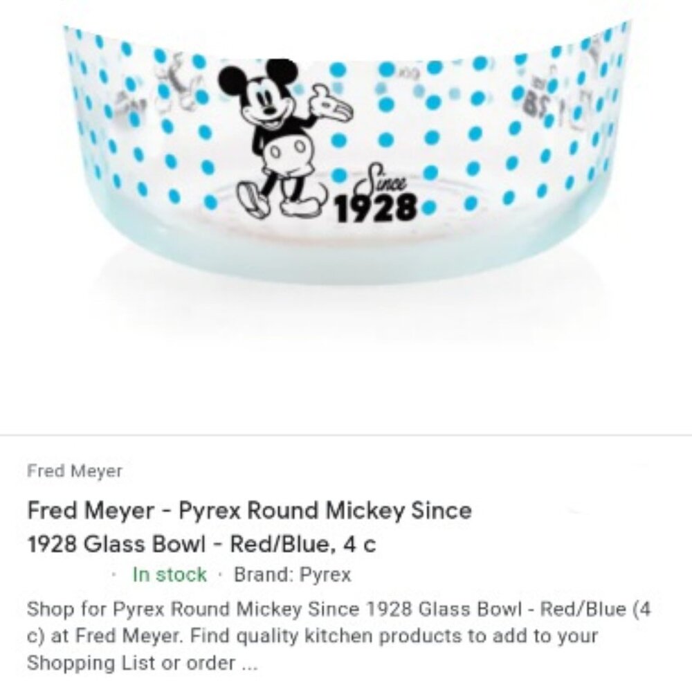 Pyrex 4 cup (NO LID) Disney Mickey Mouse decorated blue dots storage bowl